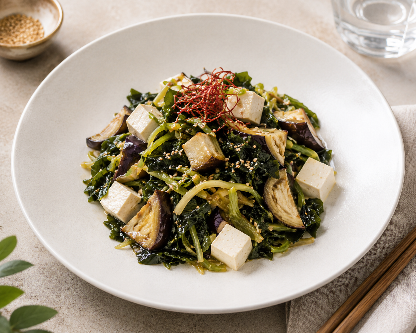 Rostad aubergine, alger, soja, sesam och tofu