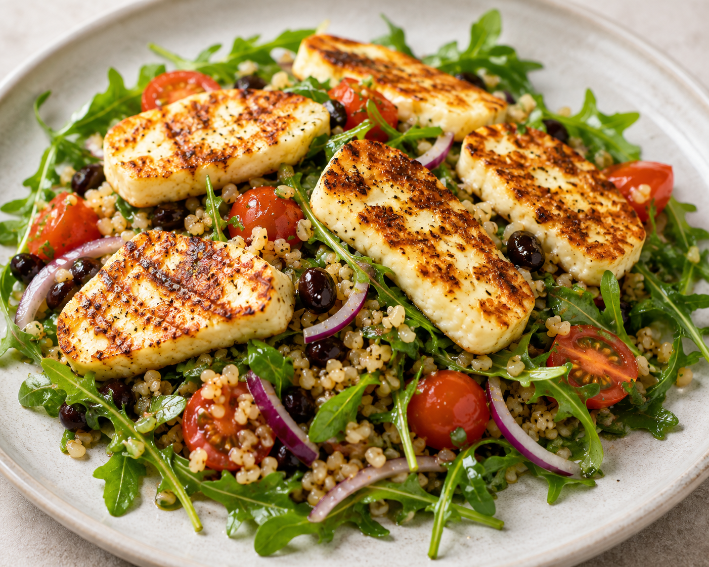 Stekt halloumi med ljummen bulgur- och bönsallad