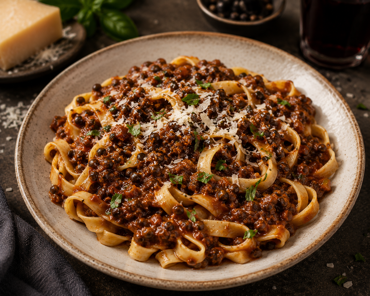 Bolognese på svarta linser