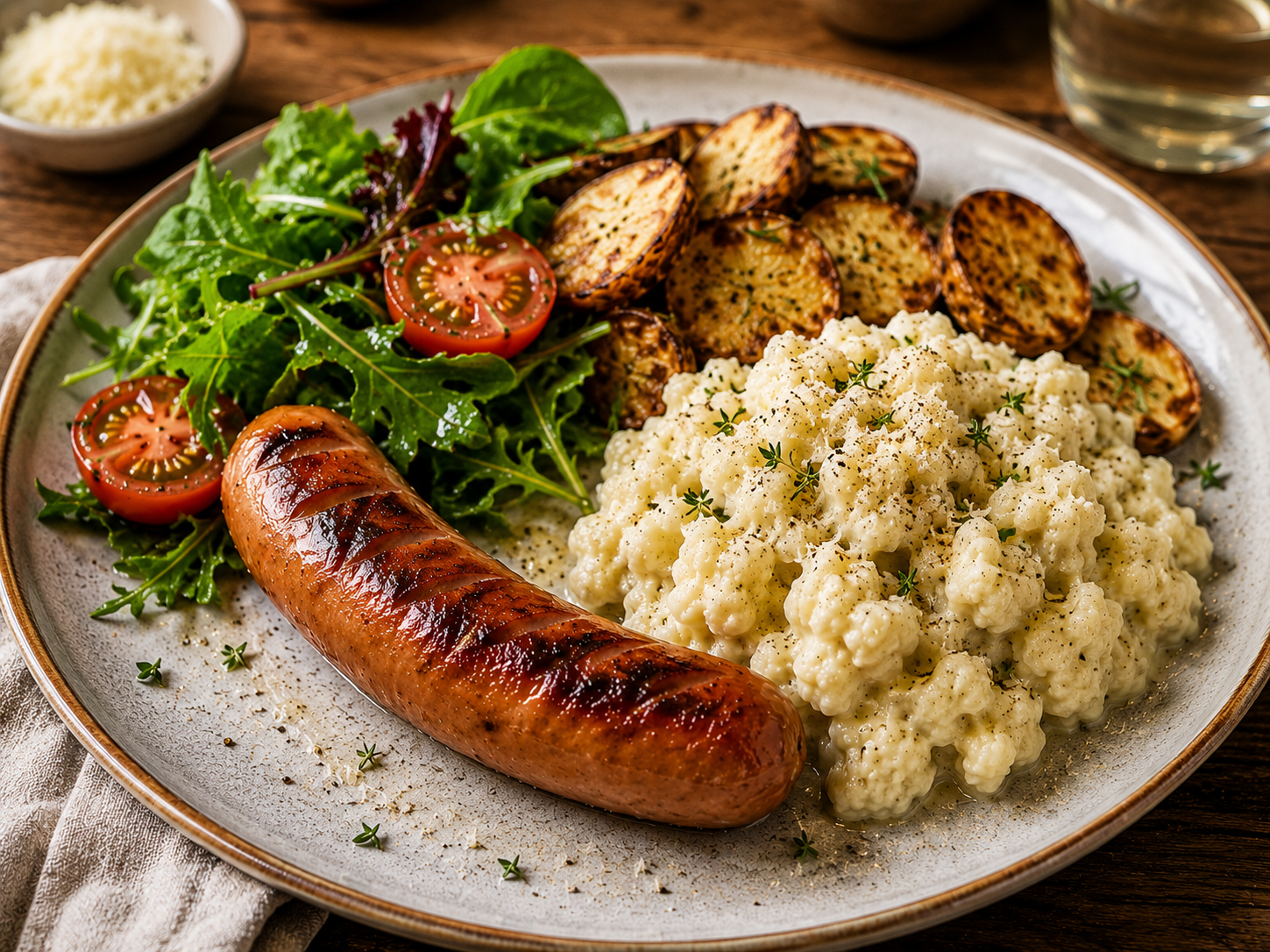 Stekt korv med parmesanstuvad blomkål