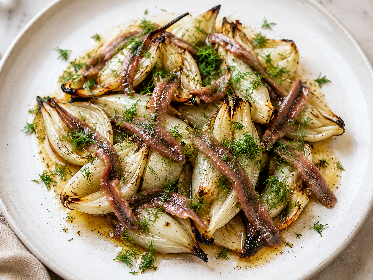 Rostad knipplök med ansjovis och dill