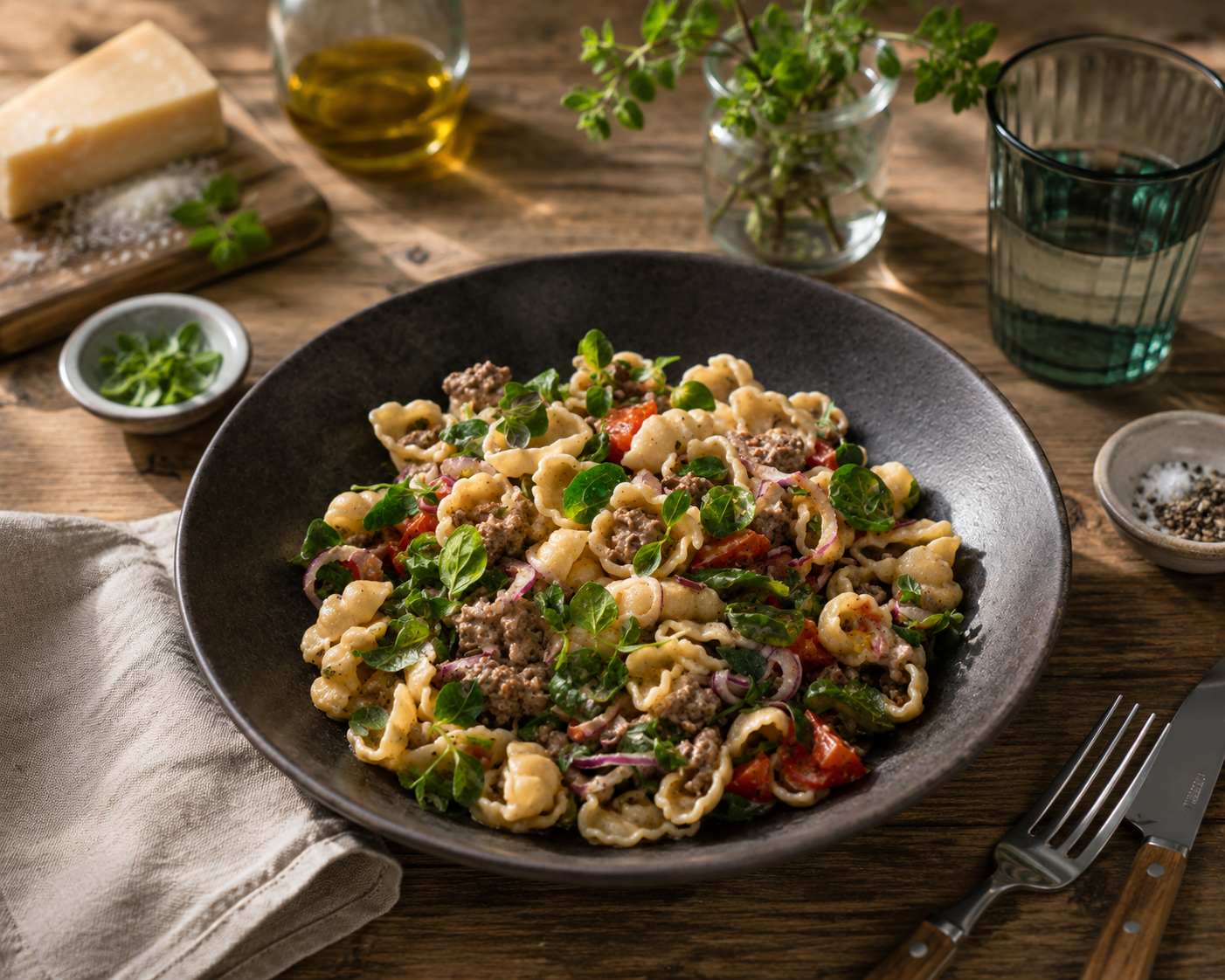 Pastasallad med köttfärs, tomat, lök och oregano