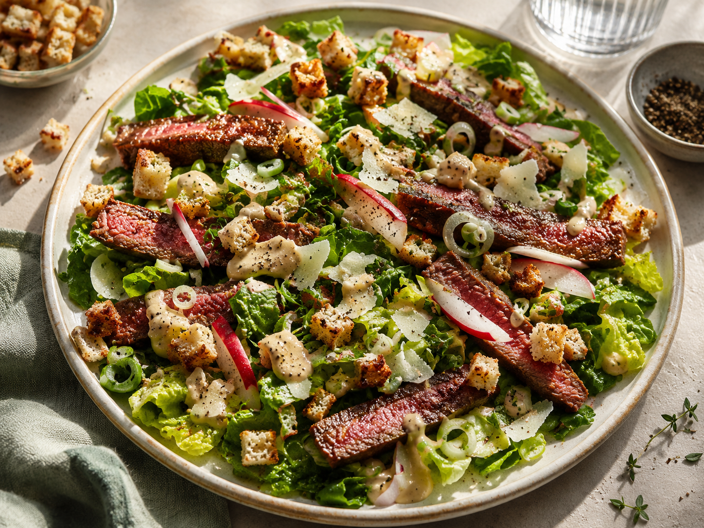 Romansallad med stekt biff, parmesan, sojamajonnäs och krutonger