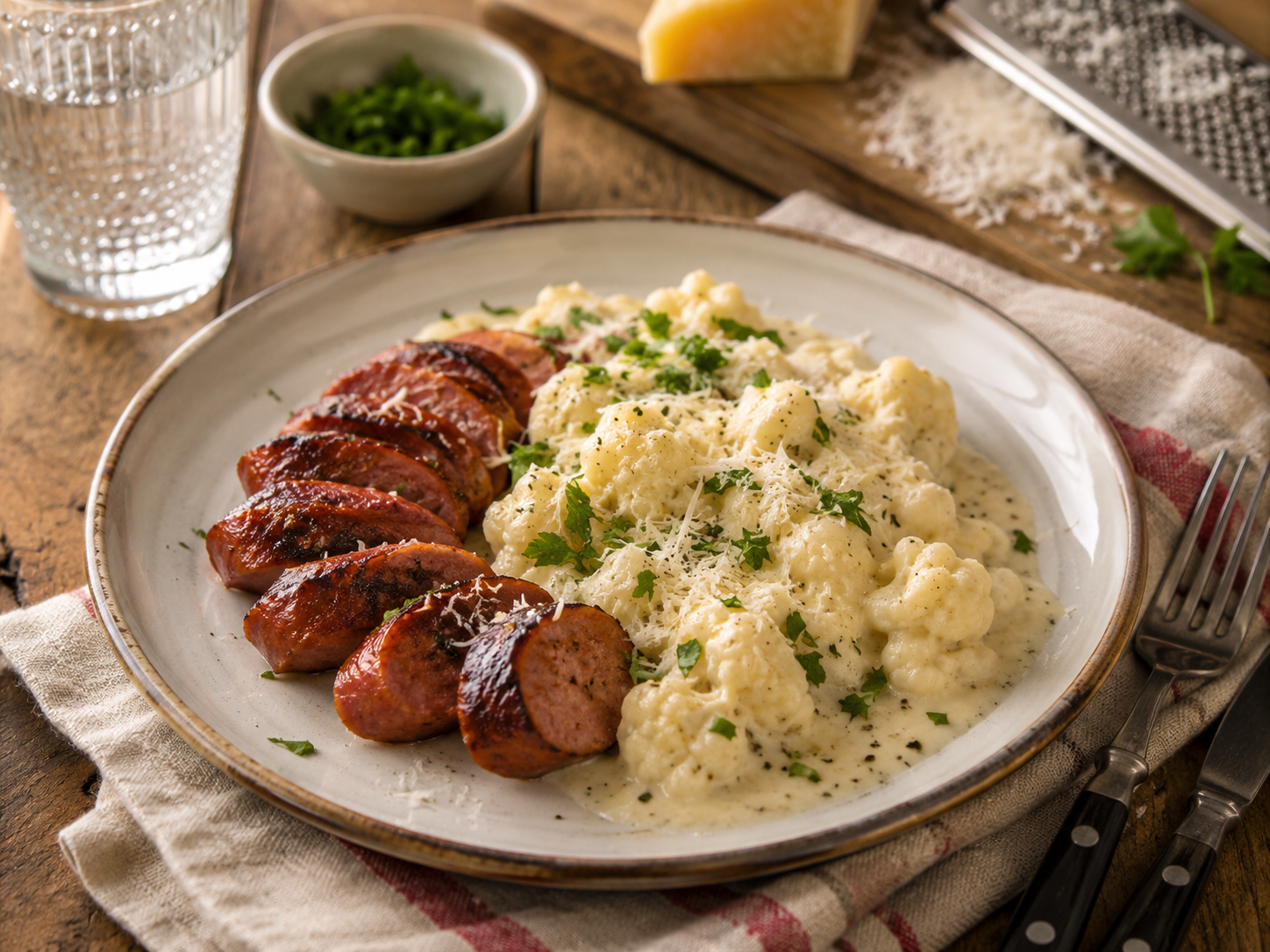 Stekt korv med parmesanstuvad blomkål
