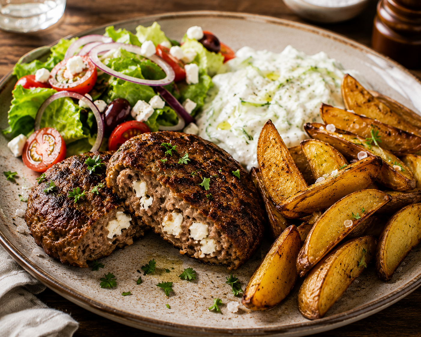 Ostbiffar med klyftpotatis och tzatziki